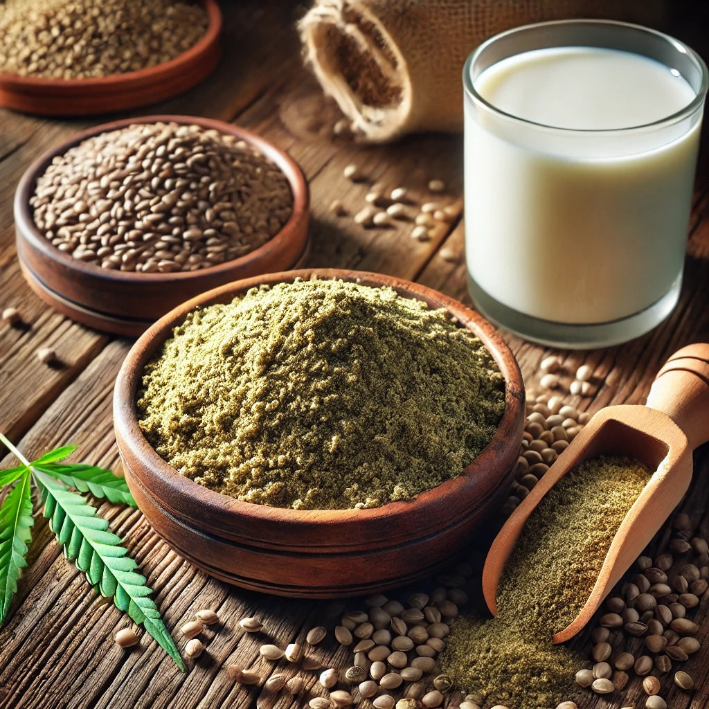 hemp protein powder next to hemp seeds and hemp milk.